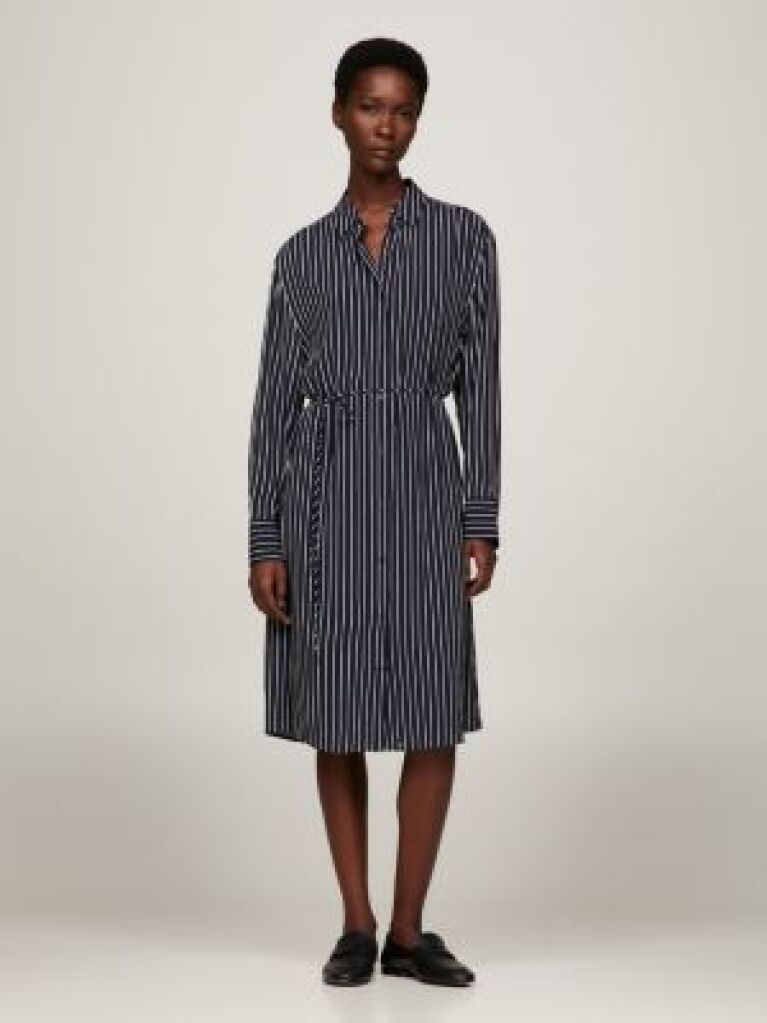 Blue Crepe Belted Knee Length Shirt Dress  Women