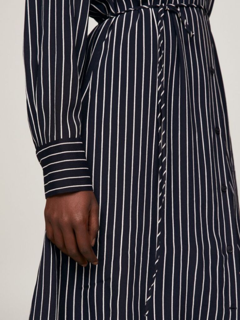 Blue Crepe Belted Knee Length Shirt Dress  Women