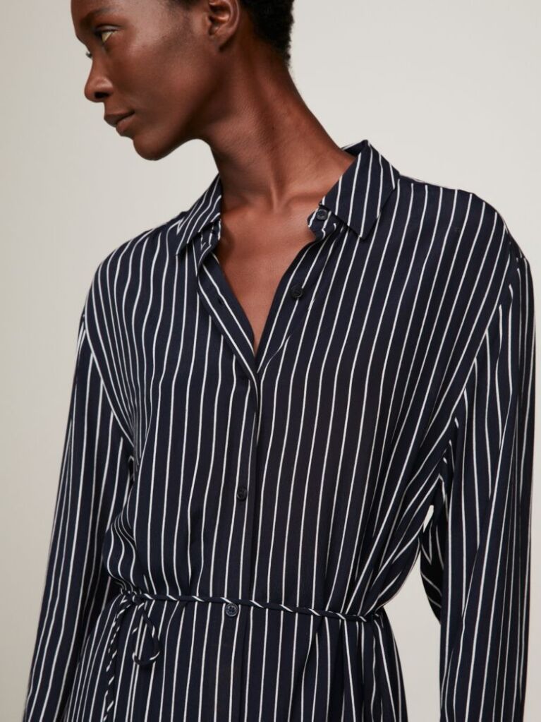 Blue Crepe Belted Knee Length Shirt Dress  Women