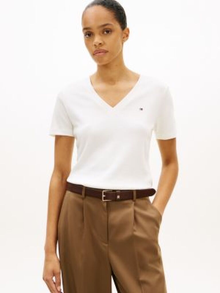 Beige V-Neck Slim Fit T-Shirt  Women