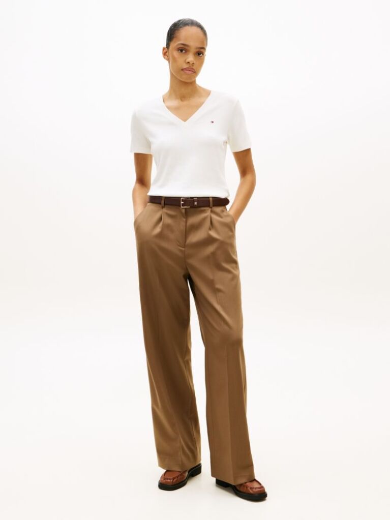 Beige V-Neck Slim Fit T-Shirt  Women
