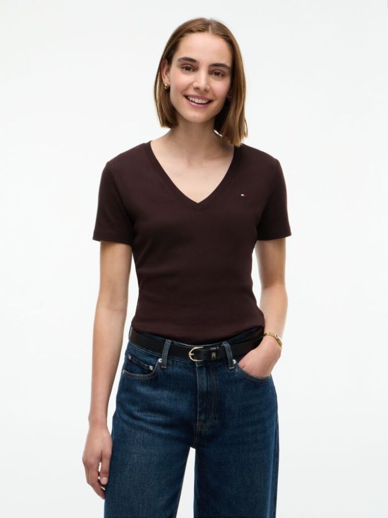 Brown V-Neck Slim Fit T-Shirt  Women