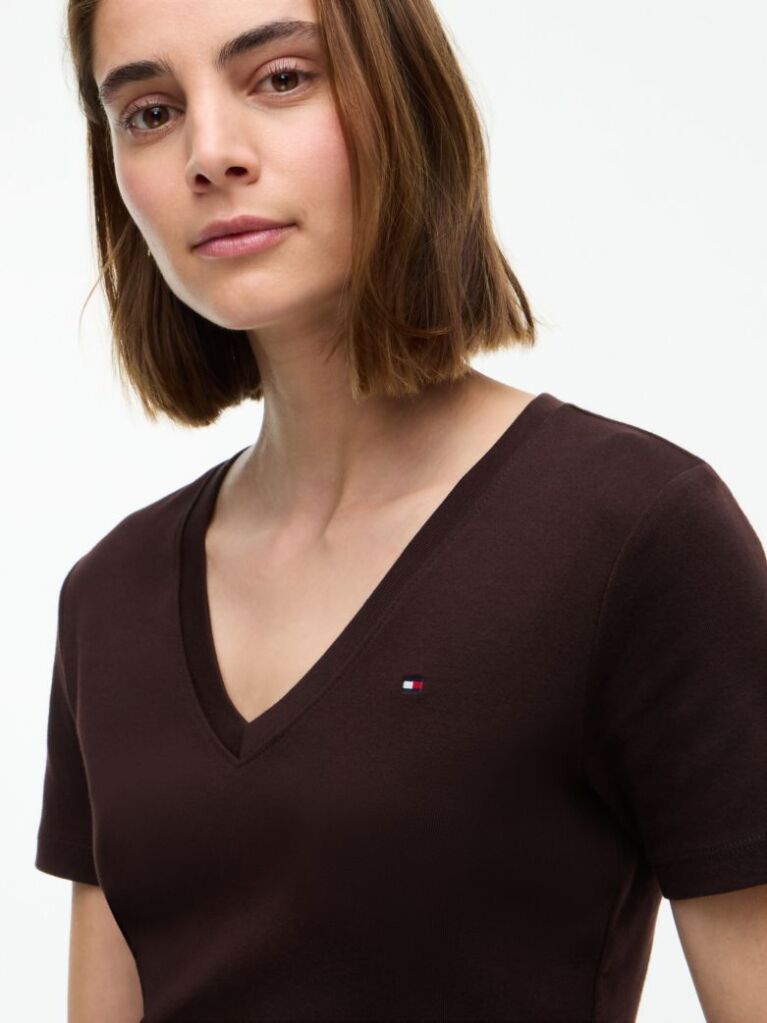 Brown V-Neck Slim Fit T-Shirt  Women