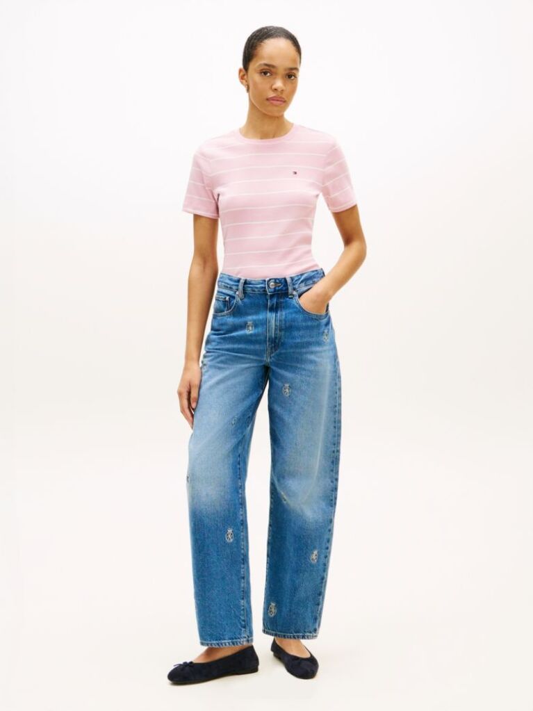 Multi Flag Embroidery Ribbed Slim T-Shirt  Women
