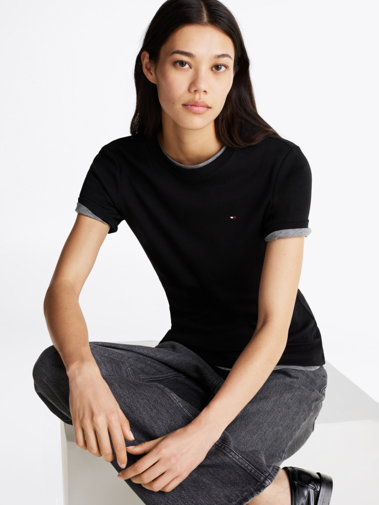 Black Flag Embroidery Ribbed Slim T-Shirt  Women
