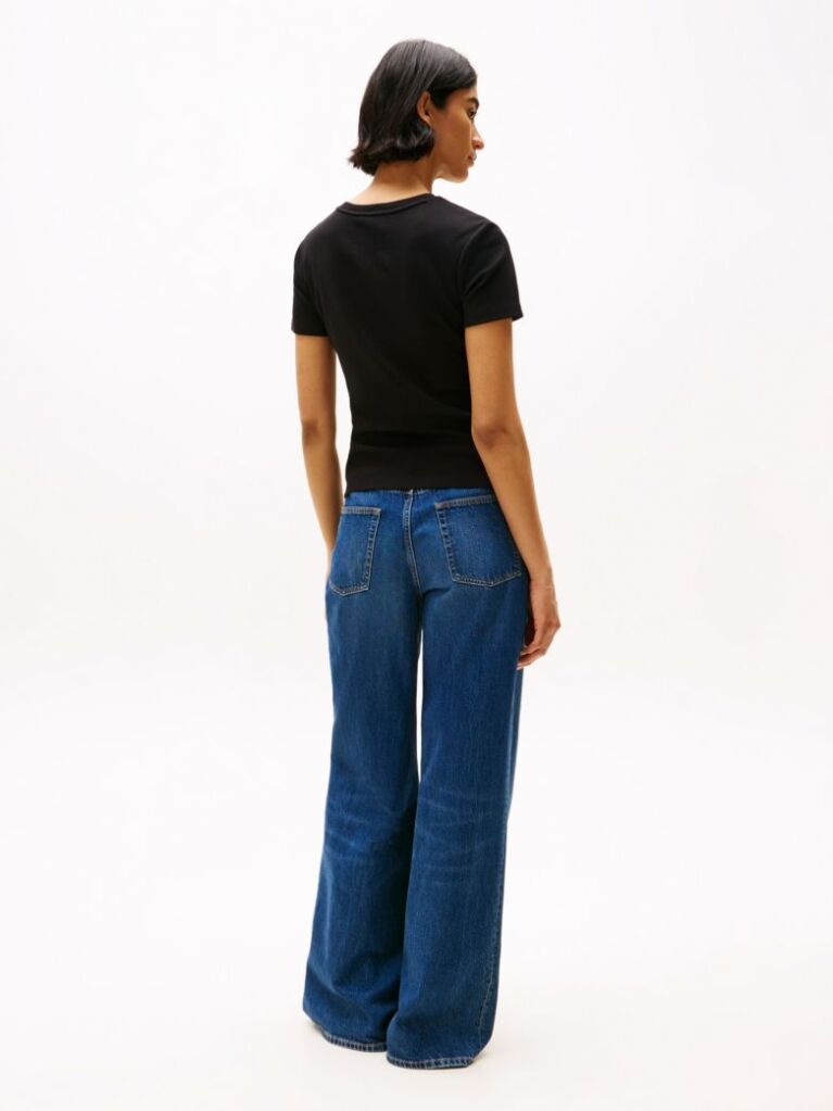 Black Flag Embroidery Ribbed Slim T-Shirt  Women