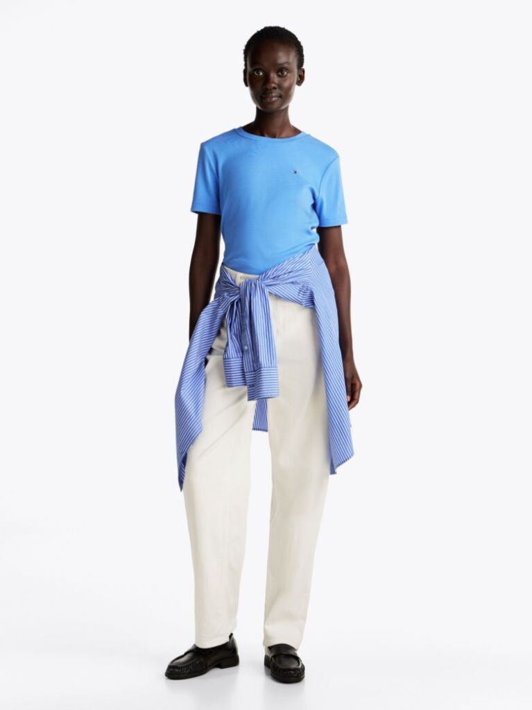 Blue Flag Embroidery Ribbed Slim T-Shirt  Women