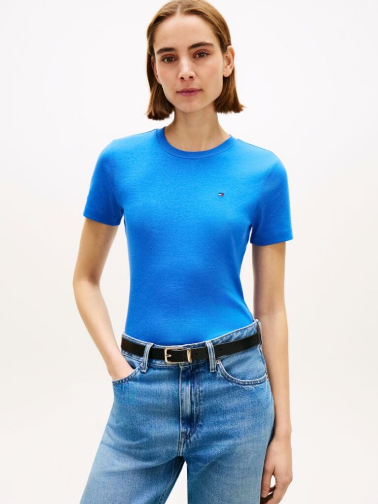 Blue Flag Embroidery Ribbed Slim T-Shirt  Women