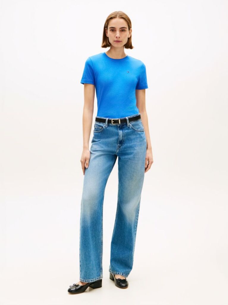 Blue Flag Embroidery Ribbed Slim T-Shirt  Women