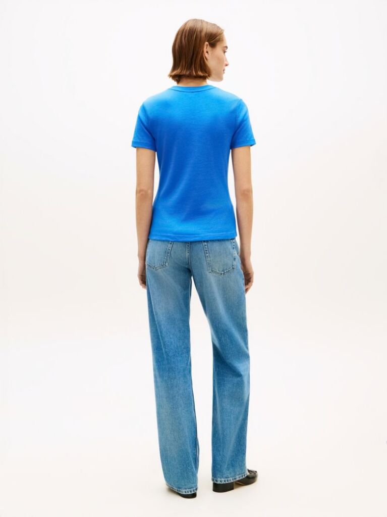 Blue Flag Embroidery Ribbed Slim T-Shirt  Women