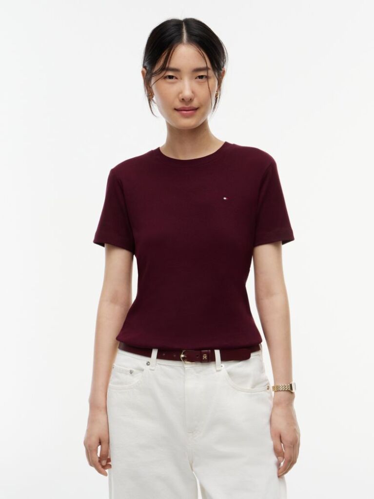 Κόκκινο Ριμπ T-Shirt Σε Slim Γραμμή Με Κεντητό Σημαιάκι  Γυναίκες
