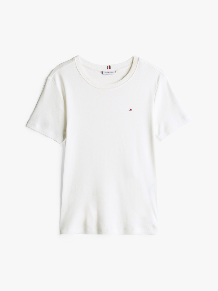 Beige Flag Embroidery Ribbed Slim T-Shirt  Women