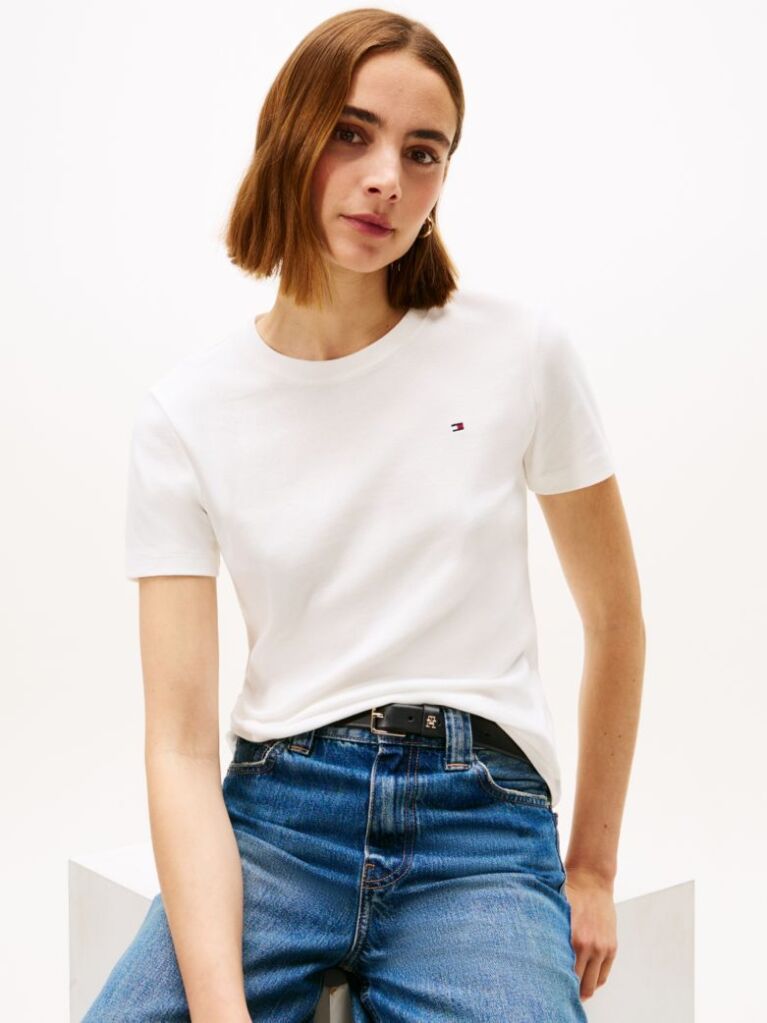 Beige Flag Embroidery Ribbed Slim T-Shirt  Women