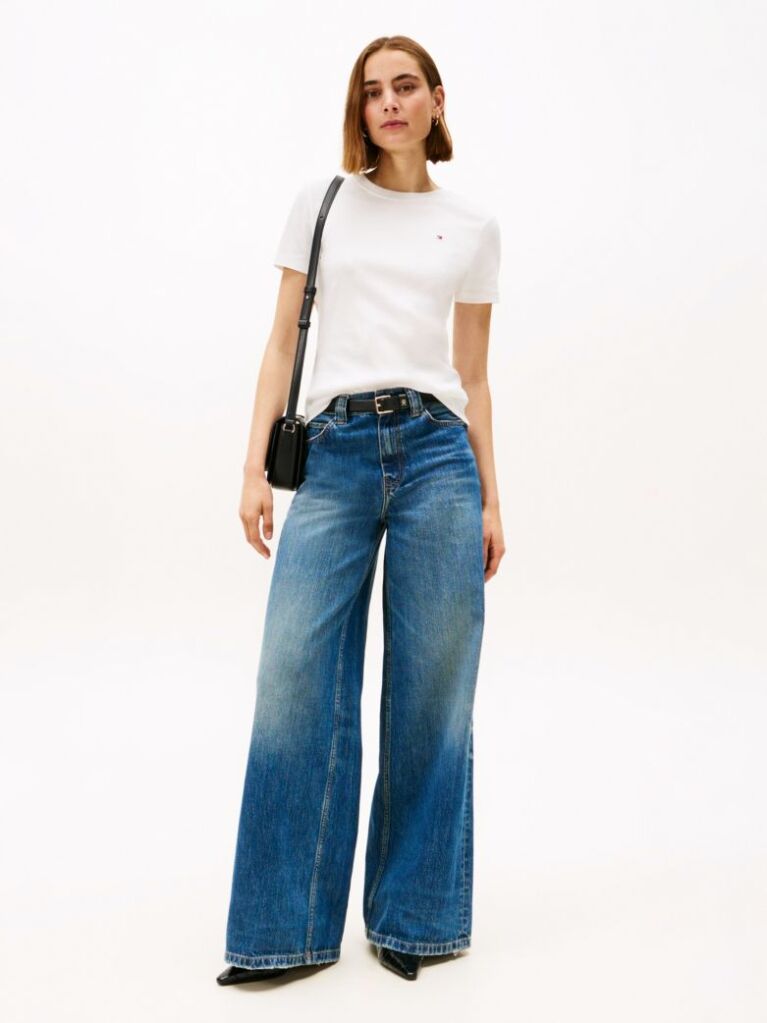 Beige Flag Embroidery Ribbed Slim T-Shirt  Women