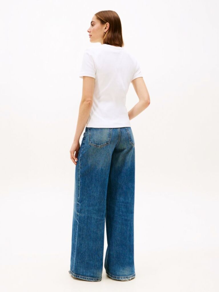 Beige Flag Embroidery Ribbed Slim T-Shirt  Women