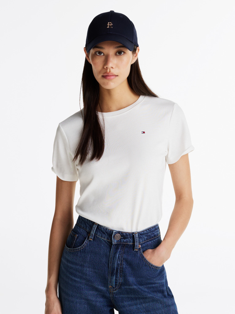 Beige Flag Embroidery Ribbed Slim T-Shirt  Women