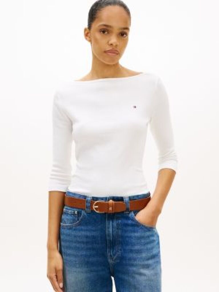 White Boat Neck Slim Fit T-Shirt  Women