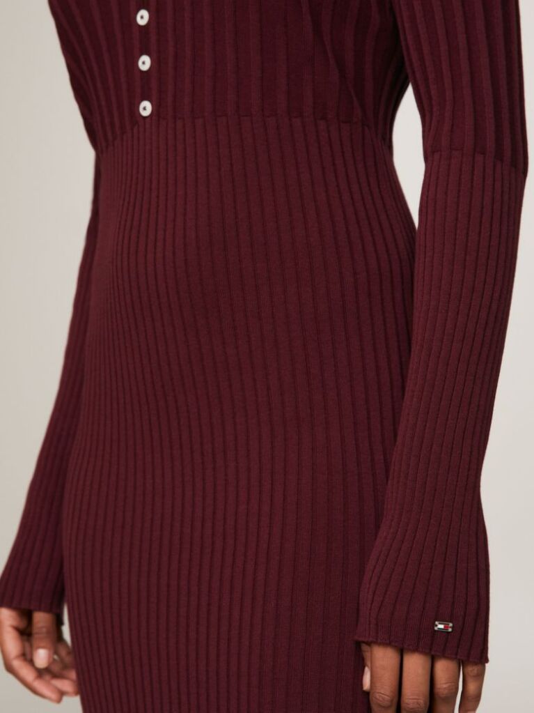 Red Button V-Neck Slim Sweater Dress  Women