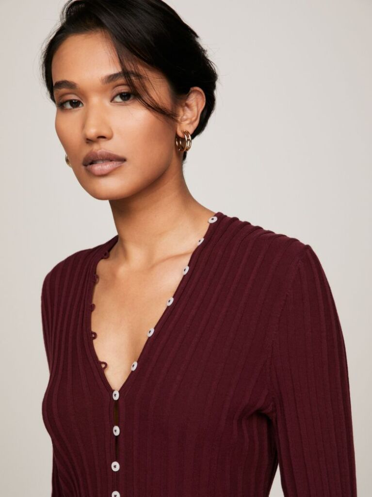 Red Button V-Neck Slim Sweater Dress  Women