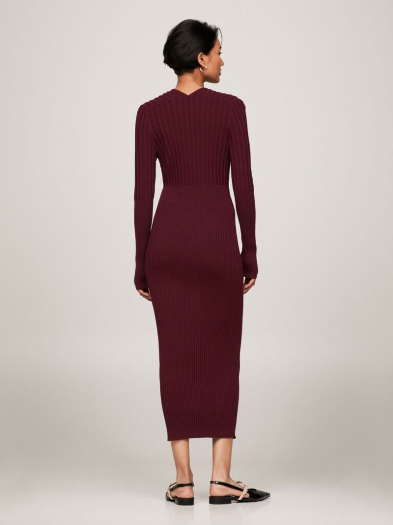 Red Button V-Neck Slim Sweater Dress  Women