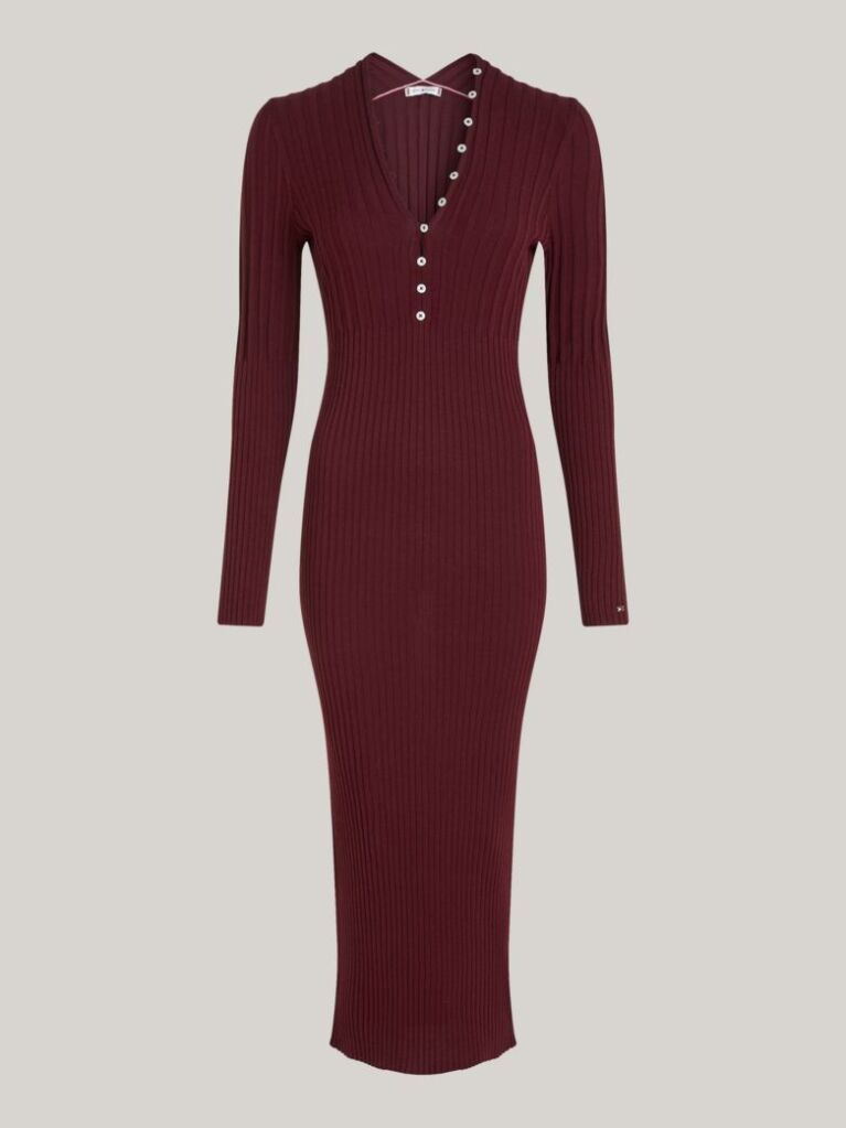 Red Button V-Neck Slim Sweater Dress  Women