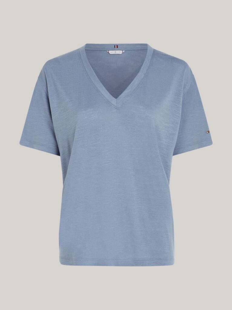 Μπλε Άνετο T-Shirt Με V-Λαιμόκοψη  Γυναίκες