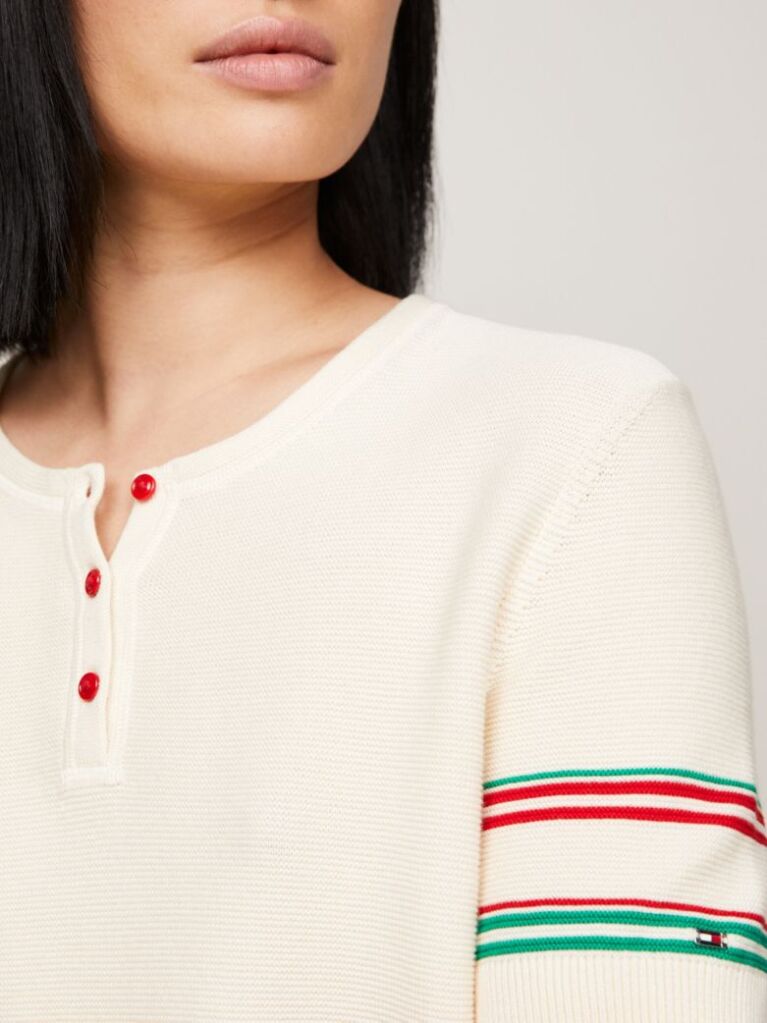Multi Stripe Henley Neck Short Sleeve Jumper  Women