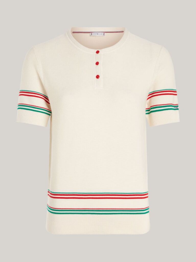 Multi Stripe Henley Neck Short Sleeve Jumper  Women