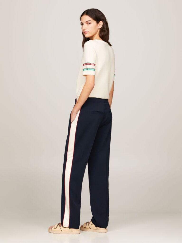 Blue Colour-Blocked Slim Fit Straight Trousers  Women