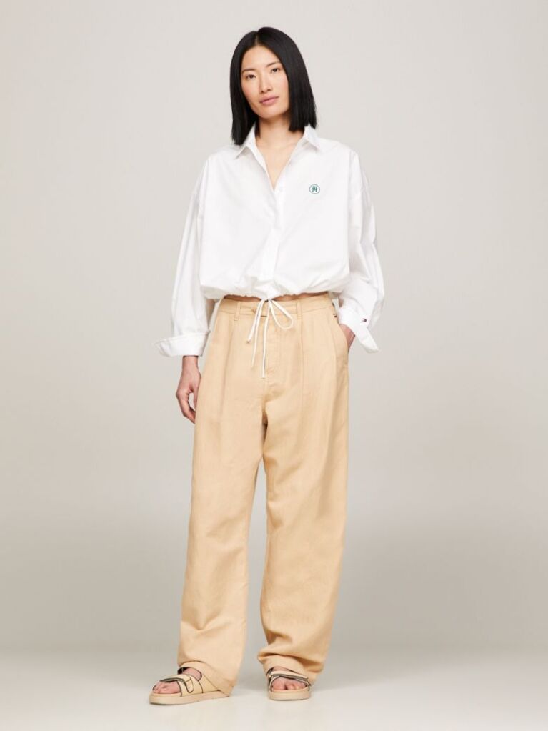 White TH Monogram Drawstring Cropped Shirt  Women