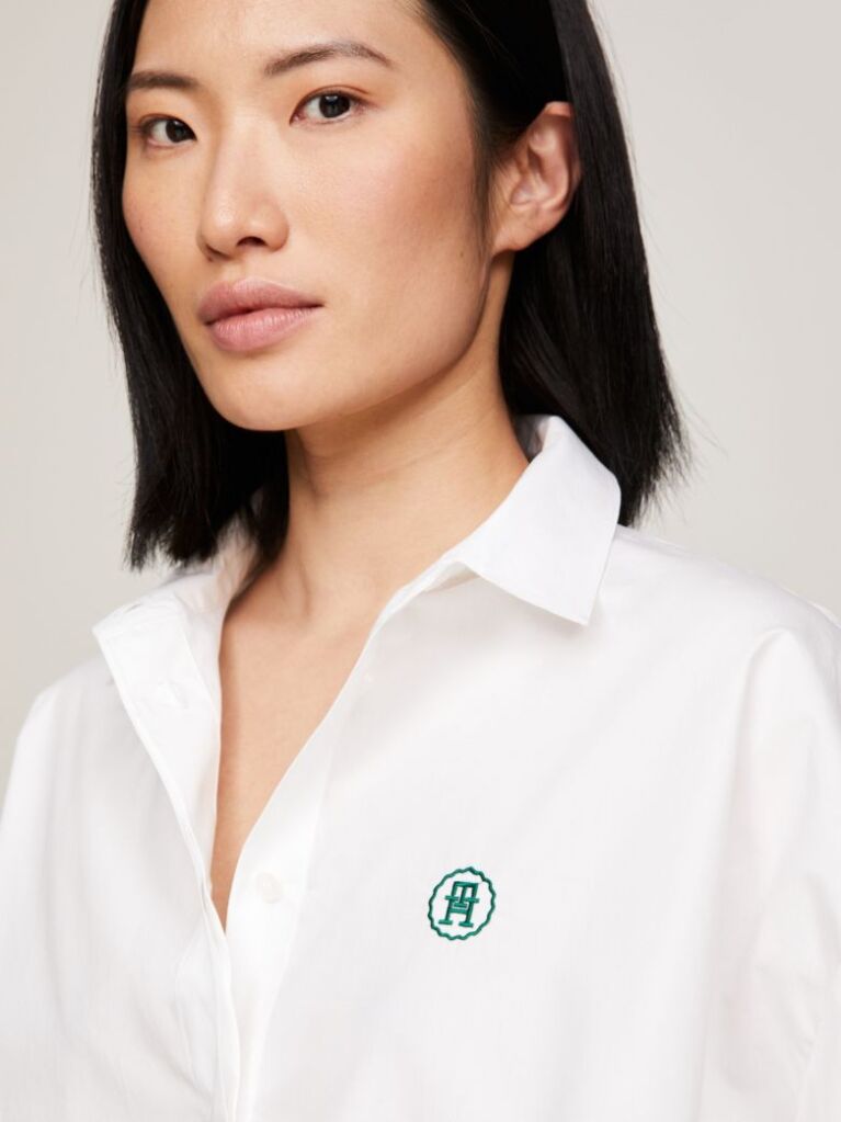 White TH Monogram Drawstring Cropped Shirt  Women