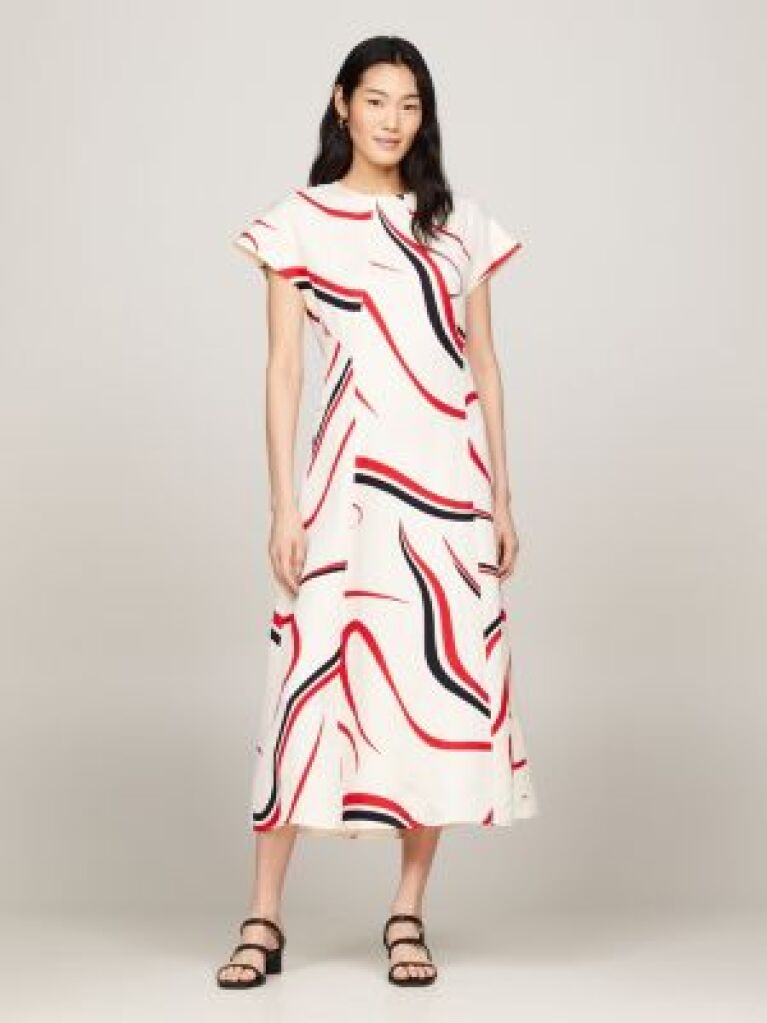 Multi Ribbon Print Fit And Flare Midi Dress  Women