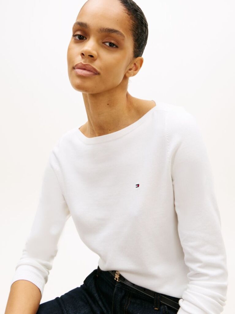 White Jersey Stitch Boat Neck Sweater  Women
