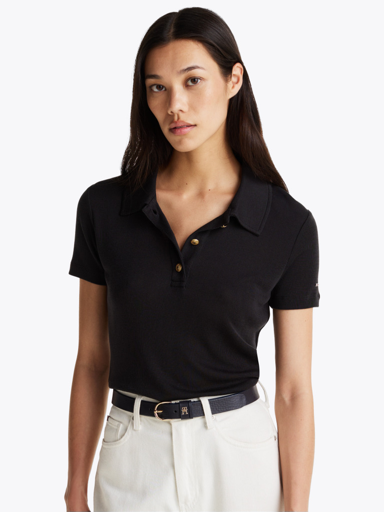 Black Slim Fit Gold-Tone Button Polo Shirt  Women