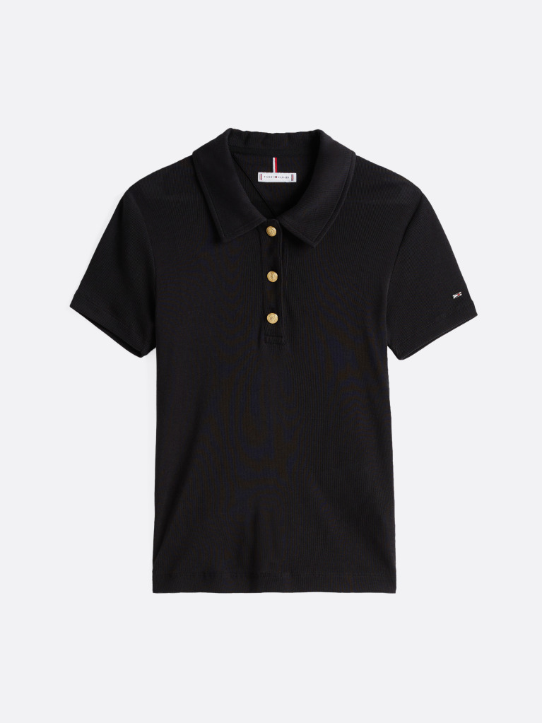 Black Slim Fit Gold-Tone Button Polo Shirt  Women