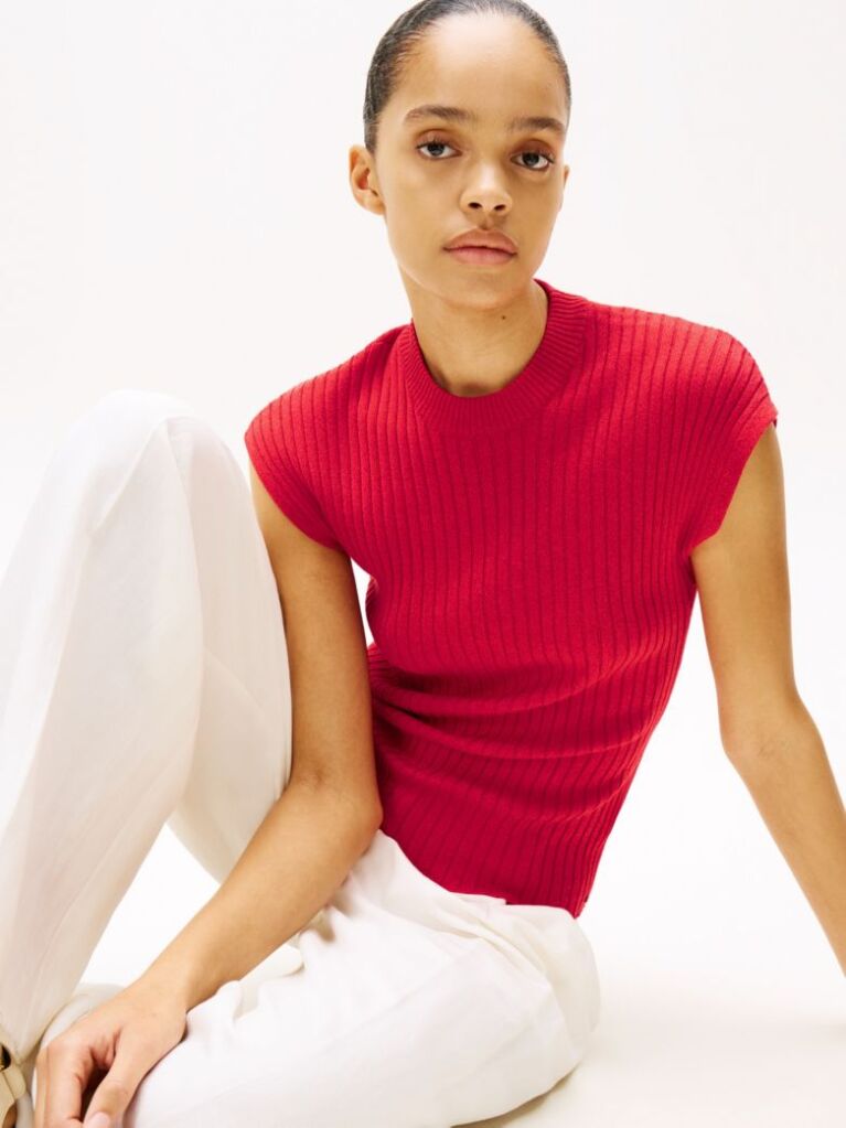 Red Ribbed Cap Sleeve Slim Jumper  Women