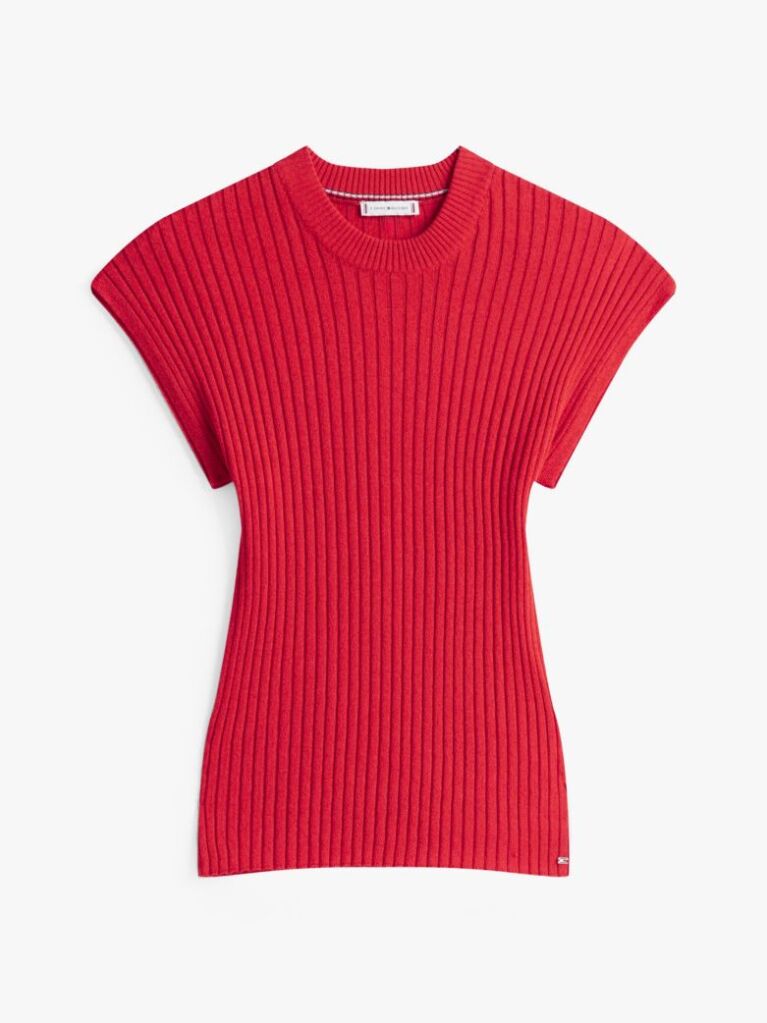 Red Ribbed Cap Sleeve Slim Jumper  Women