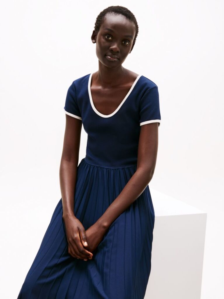 Blue Pleated Fit And Flare Midi Dress  Women