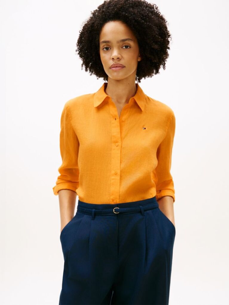 Orange Regular Fit Linen Shirt  Women