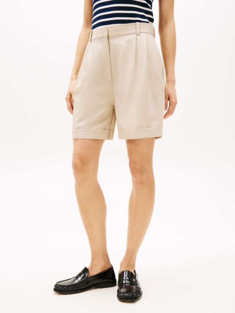 Beige Pleated Bermuda Shorts  Women