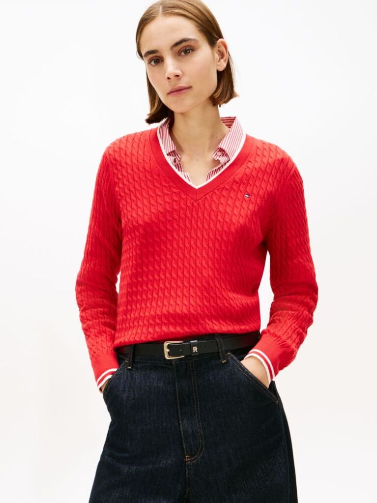 Red Cable Knit V-Neck Jumper  Women