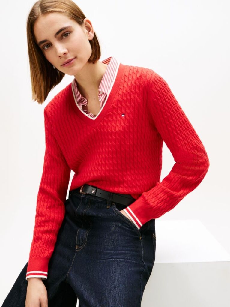 Red Cable Knit V-Neck Jumper  Women