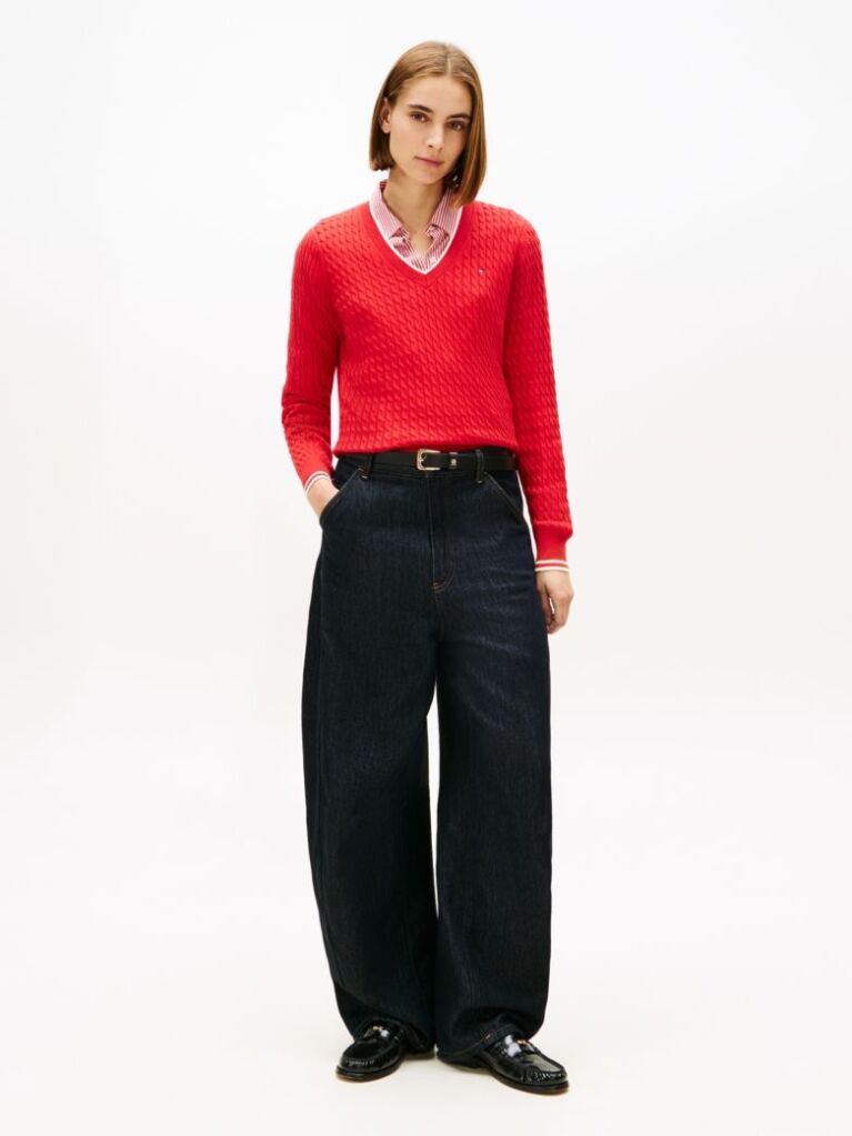 Red Cable Knit V-Neck Jumper  Women