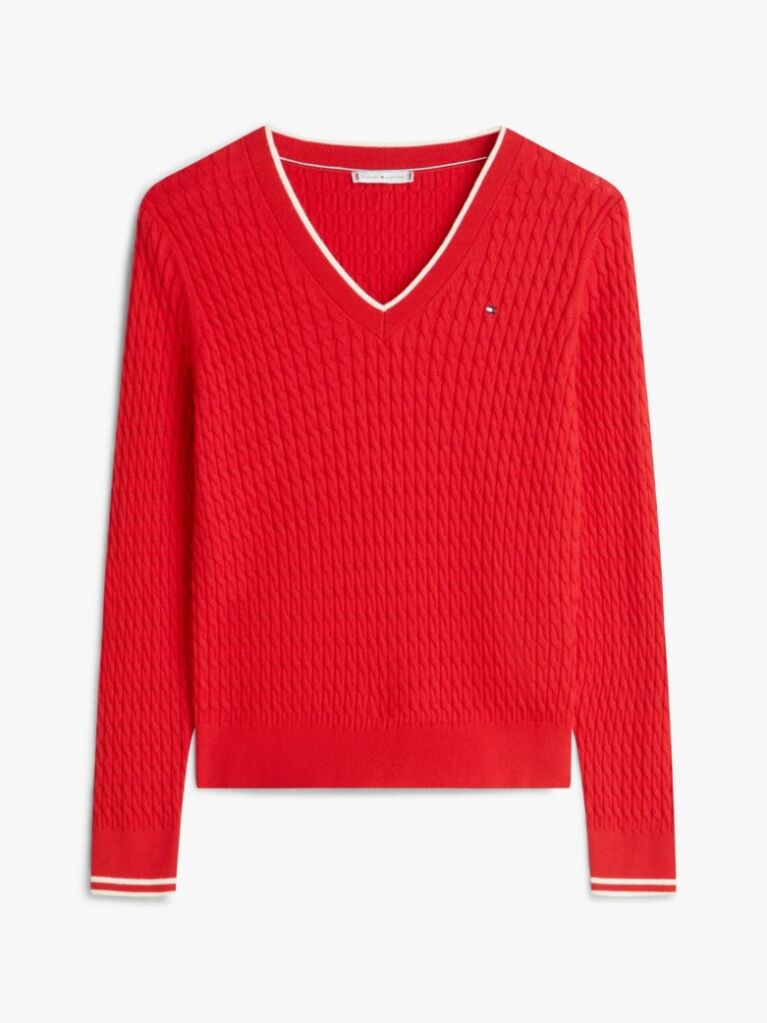Red Cable Knit V-Neck Jumper  Women