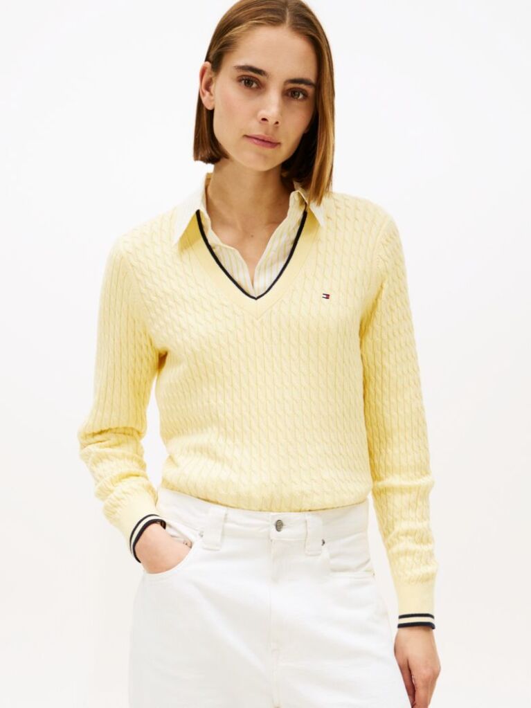Yellow Cable Knit V-Neck Jumper  Women