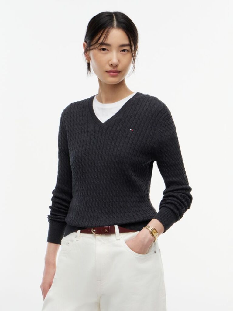 Grey Cable Knit V-Neck Jumper  Women