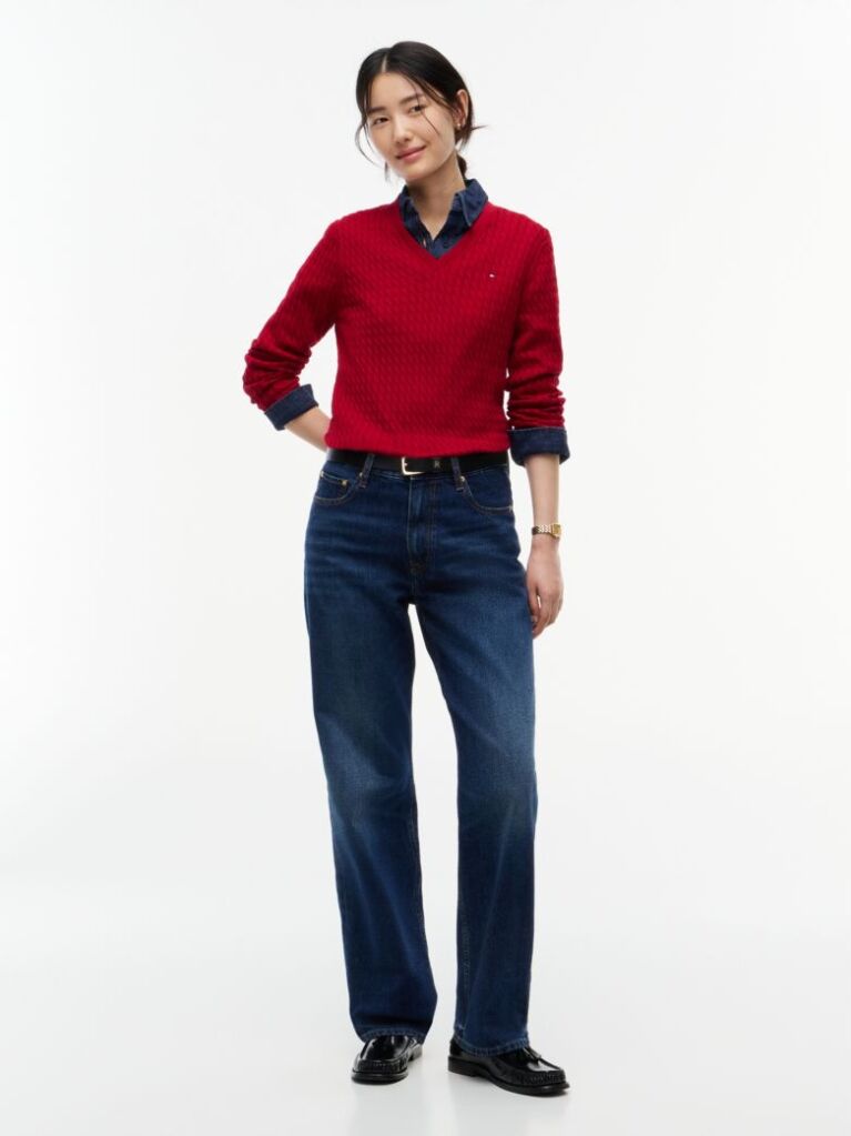 Red Cable Knit V-Neck Jumper  Women