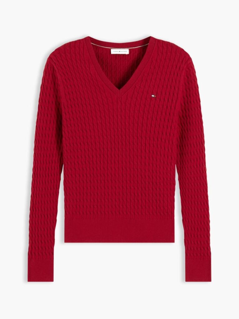 Red Cable Knit V-Neck Jumper  Women