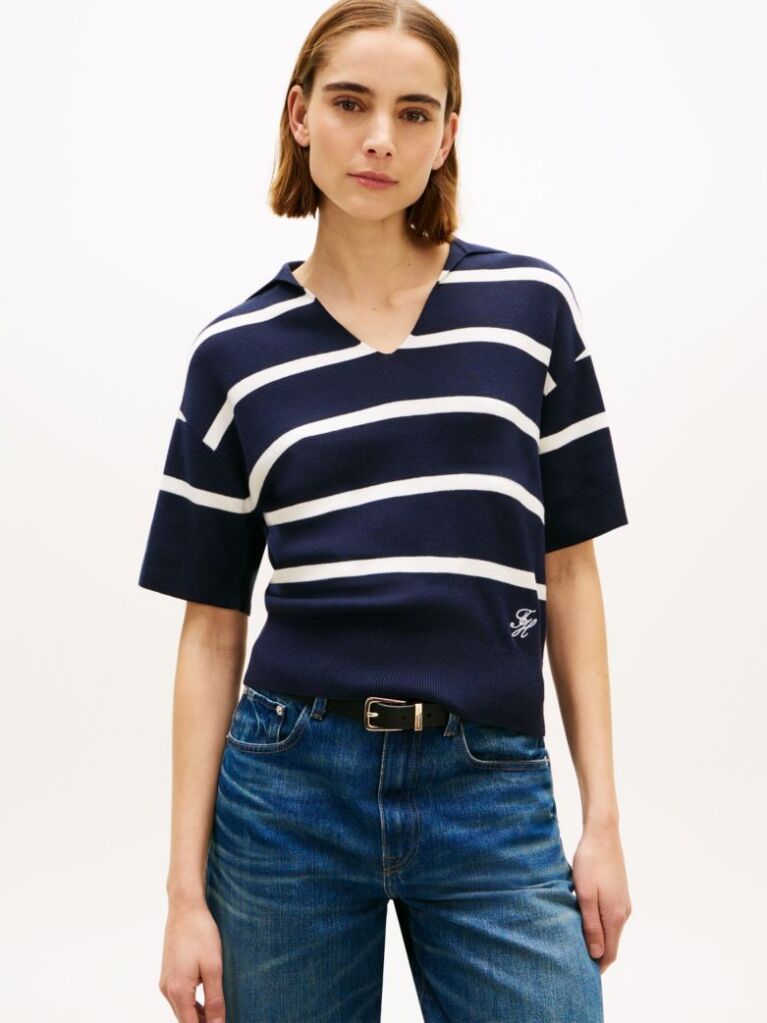 Multi Stripe Short Sleeve Polo Jumper  Women