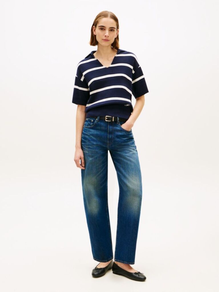 Multi Stripe Short Sleeve Polo Jumper  Women